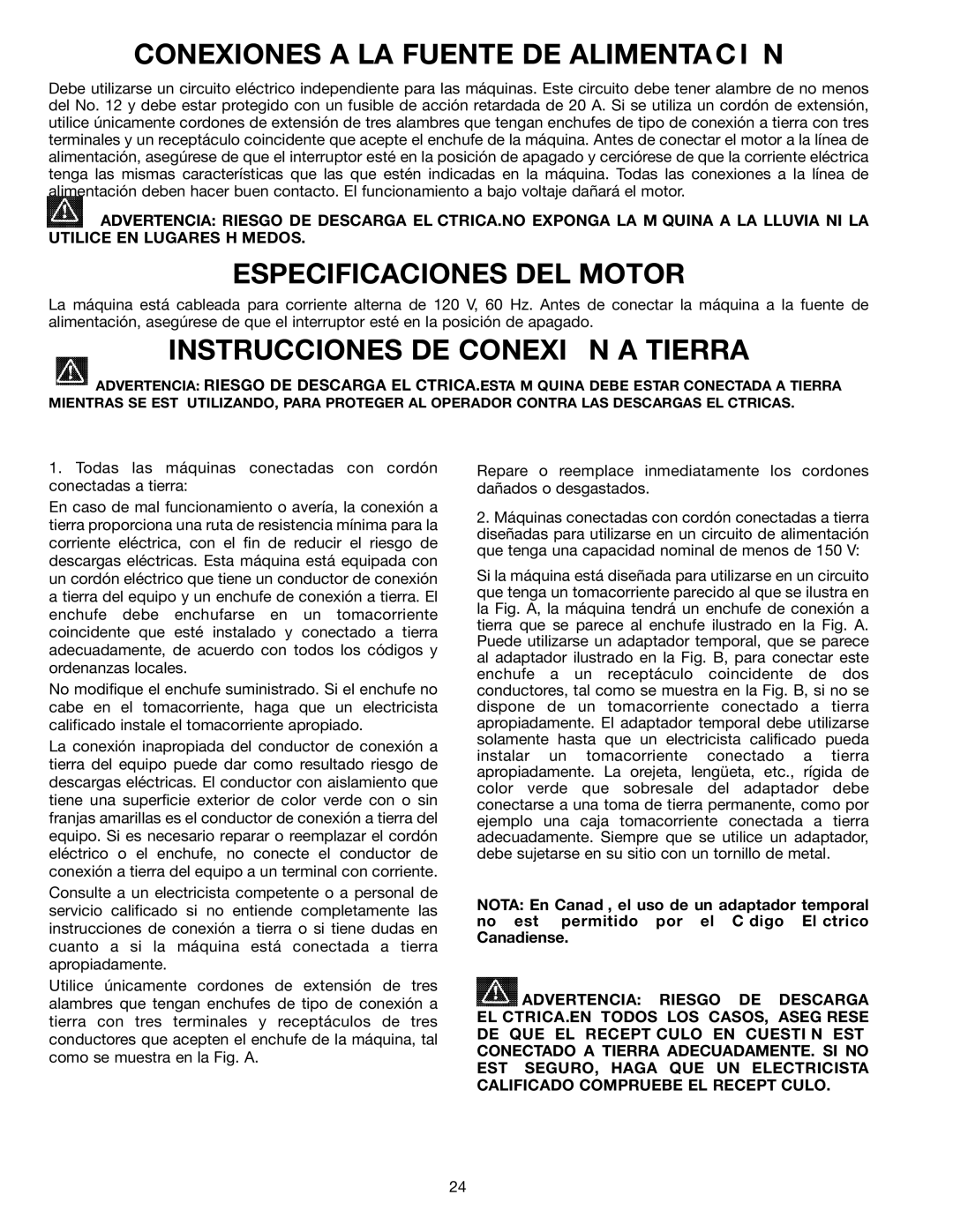 Delta SM600 Conexiones a LA Fuente DE Alimentaci N, Especificaciones DEL Motor, Instrucciones DE Conexi N a Tierra 