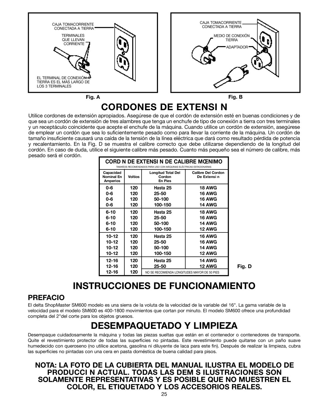 Delta SM600 instruction manual Cordones DE Extensi N, Instrucciones DE Funcionamiento, Desempaquetado Y Limpieza 