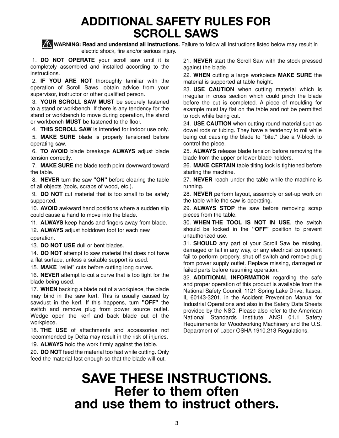 Delta SM600 instruction manual Refer to them often Use them to instruct others, Additional Safety Rules for Scroll Saws 