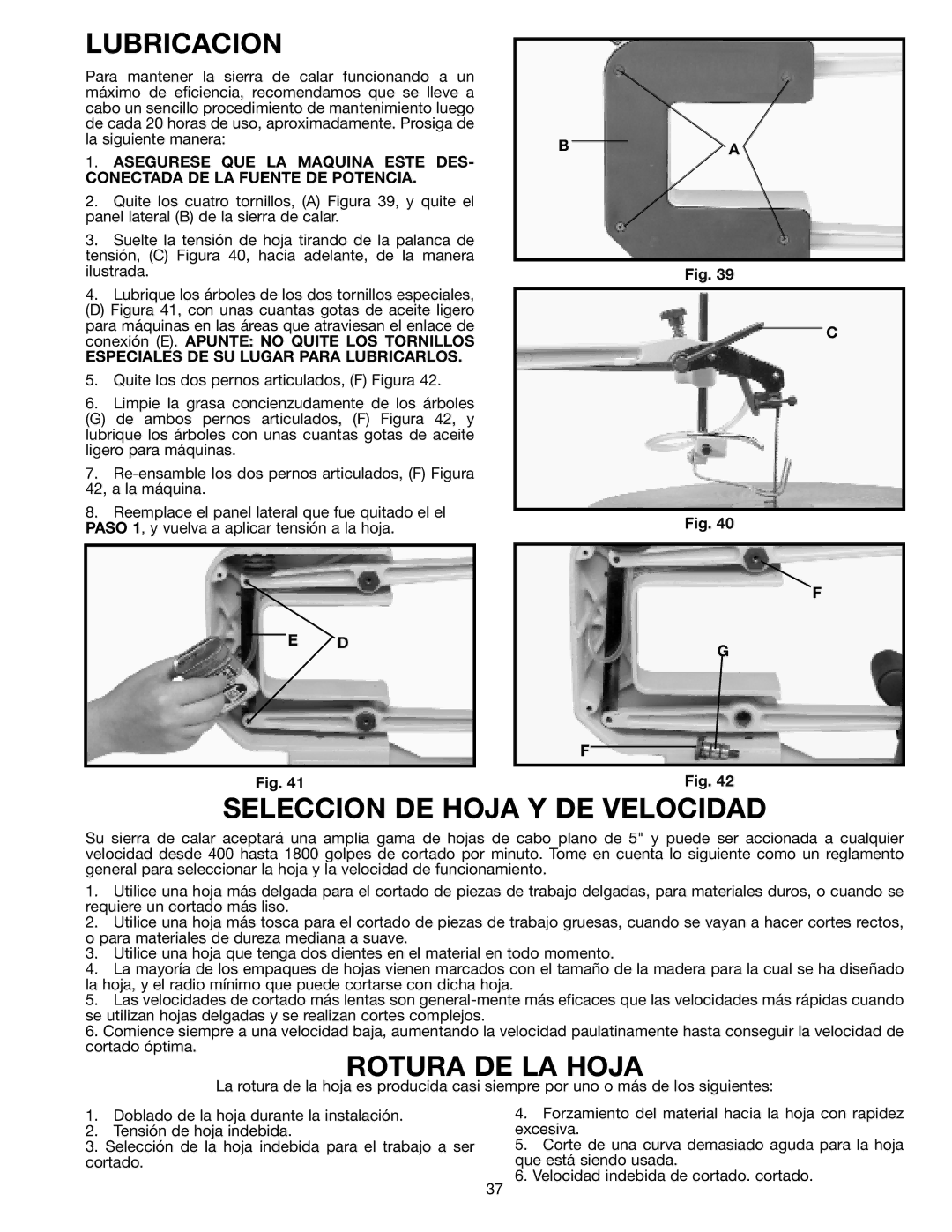 Delta SM600 instruction manual Lubricacion, Seleccion DE Hoja Y DE Velocidad, Rotura DE LA Hoja 