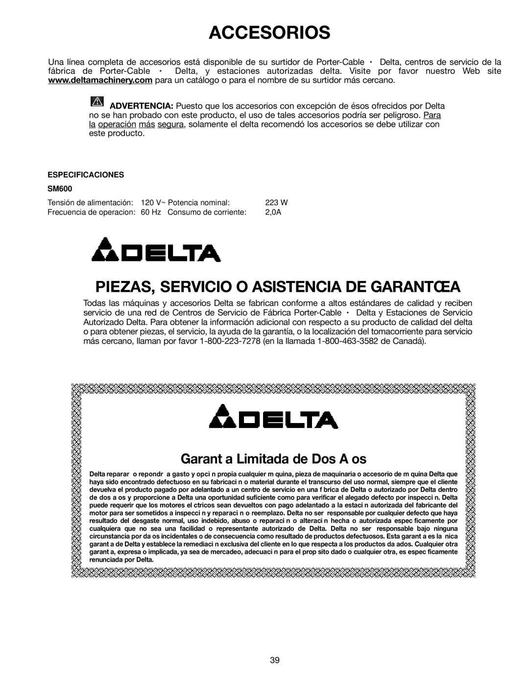 Delta SM600 instruction manual Accesorios, PIEZAS, Servicio O Asistencia DE Garantœa 