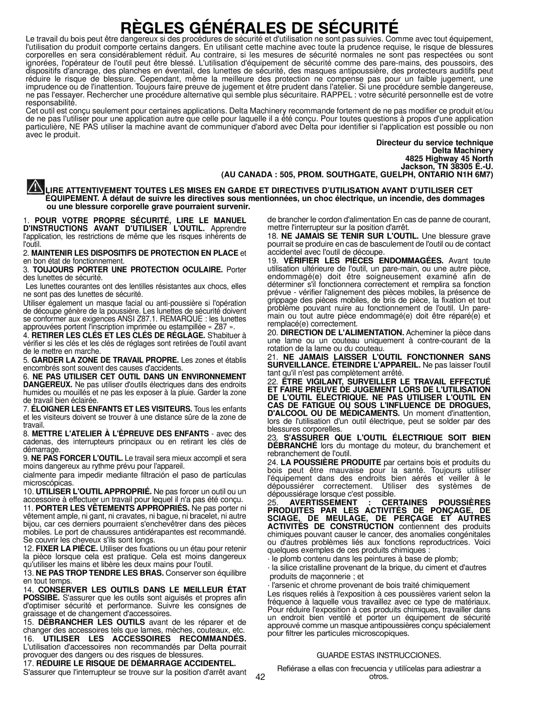 Delta SM600 instruction manual Règles Générales DE Sécurité, AU Canada 505, PROM. SOUTHGATE, GUELPH, Ontario N1H 6M7 