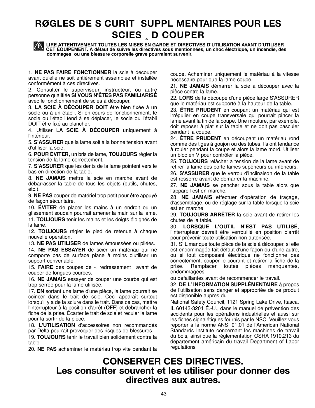 Delta SM600 instruction manual Røgles DE S Curit Suppl Mentaires Pour LES Scies ¸ D Couper, Conserver CES Directives 