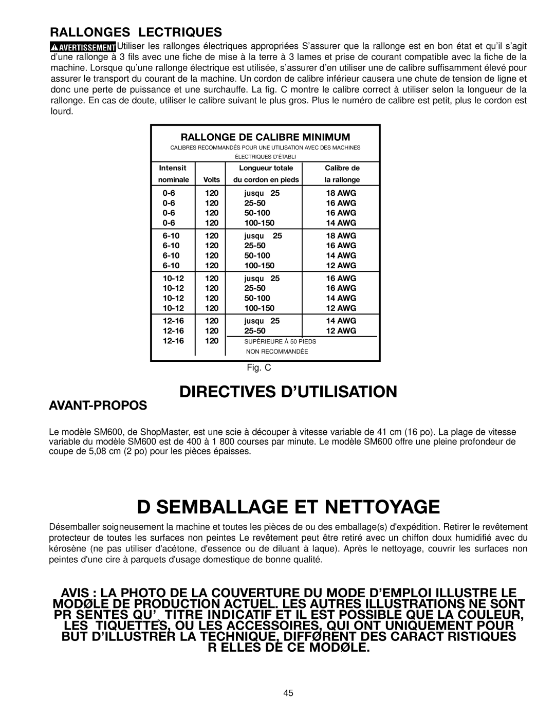 Delta SM600 instruction manual Semballage ET Nettoyage, Directives D’UTILISATION 