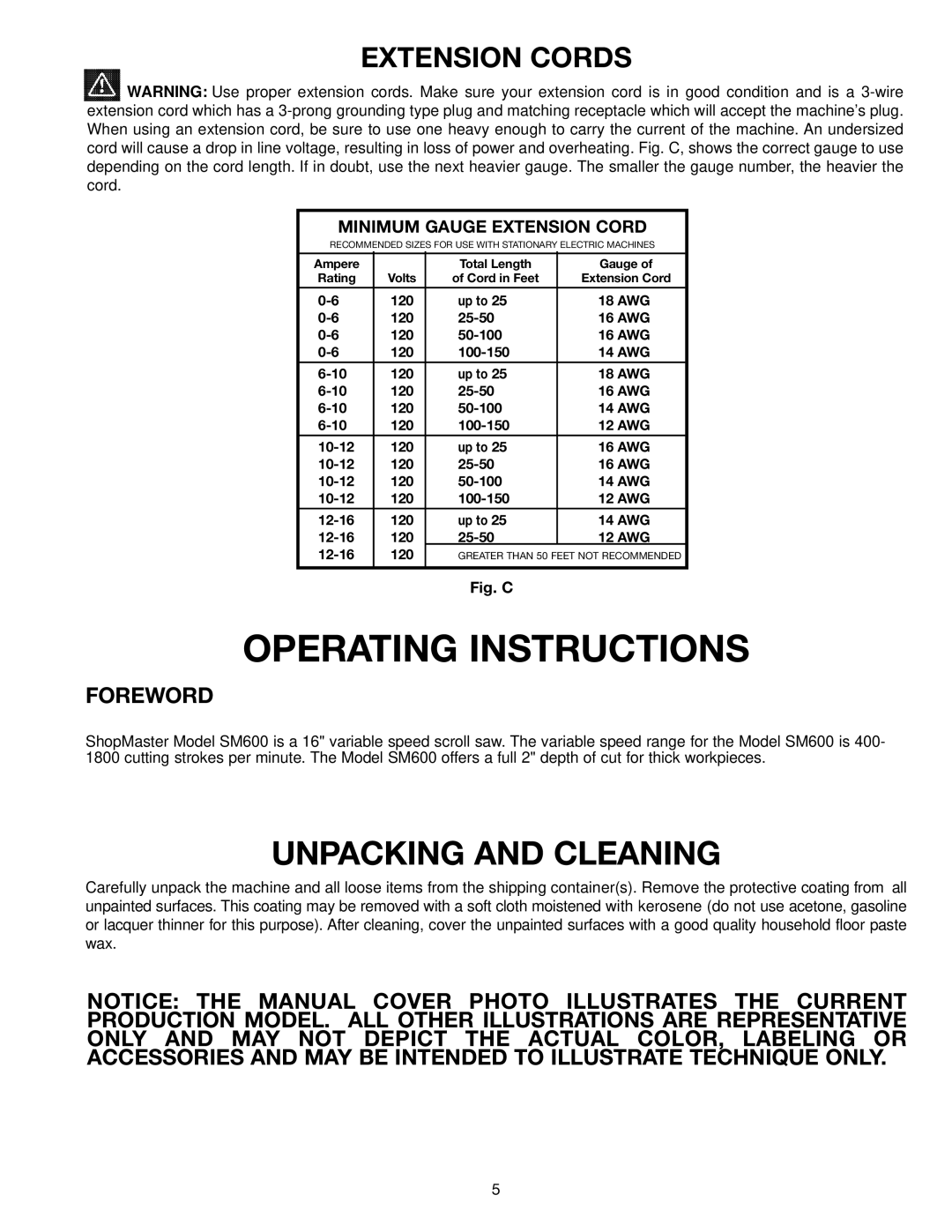 Delta SM600 instruction manual Unpacking and Cleaning, Extension Cords 