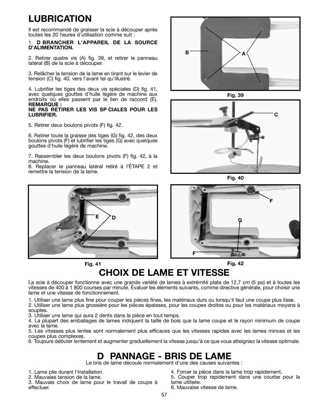 Delta SM600 instruction manual Choix DE Lame ET Vitesse, Pannage Bris DE Lame 