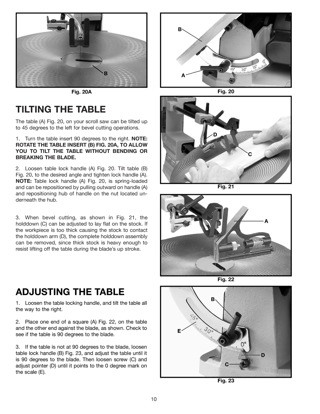 Delta SS200 instruction manual Tilting the Table, Adjusting the Table 