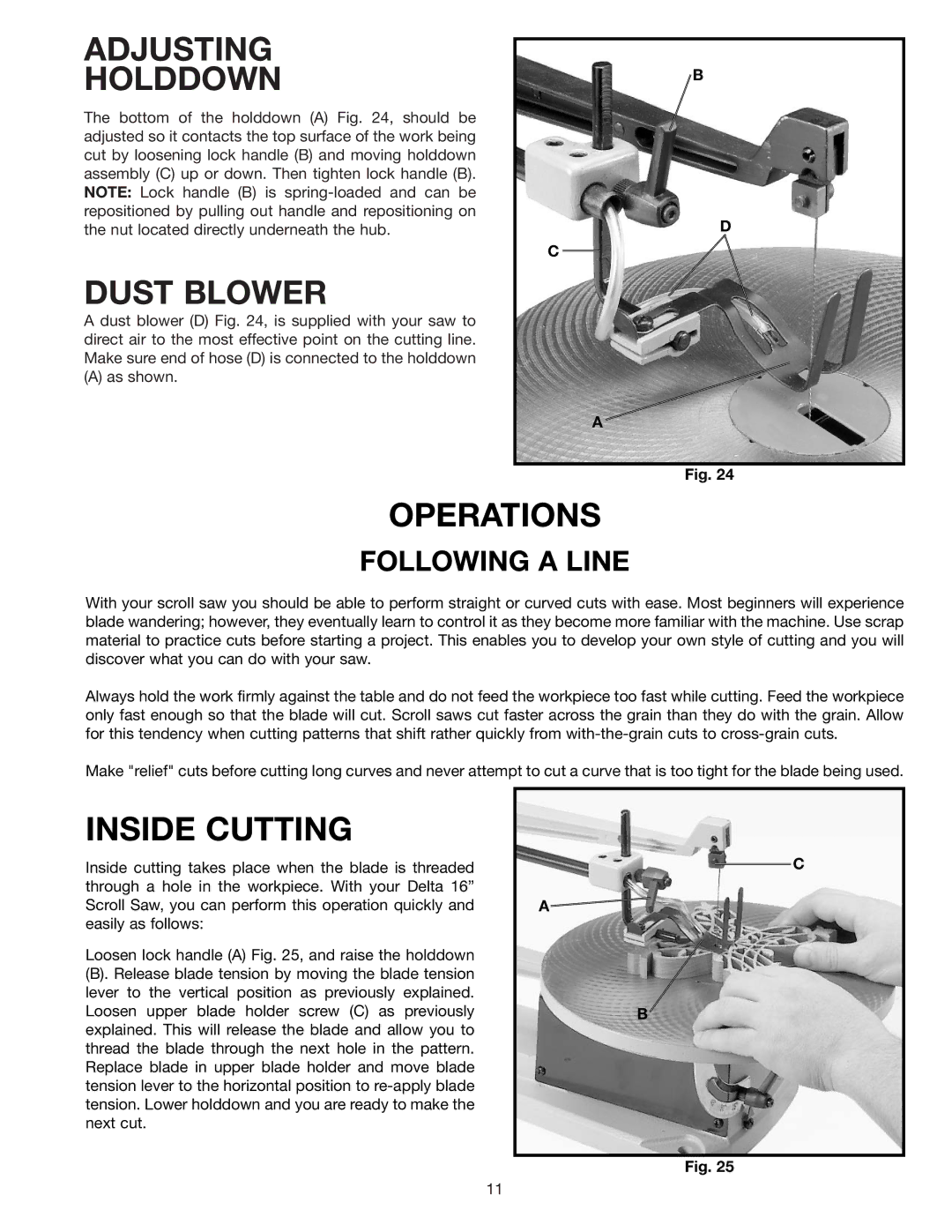 Delta SS200 instruction manual Adjusting Holddown, Dust Blower, Operations, Inside Cutting, Following a Line 