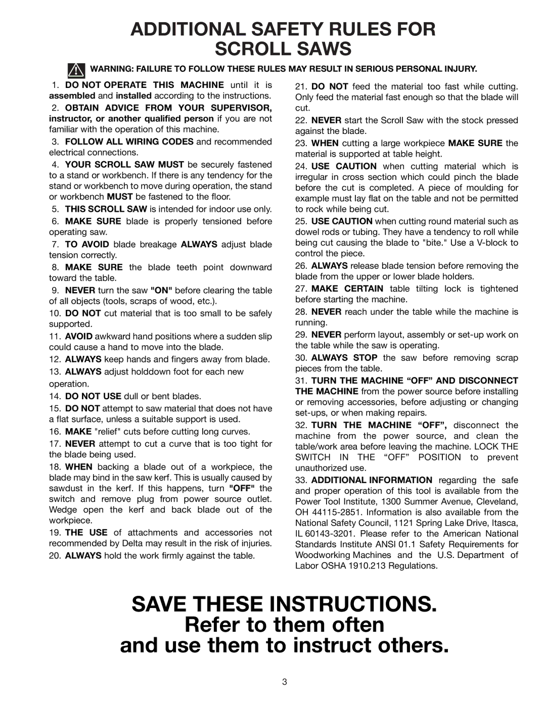 Delta SS200 instruction manual Refer to them often Use them to instruct others, Additional Safety Rules for Scroll Saws 