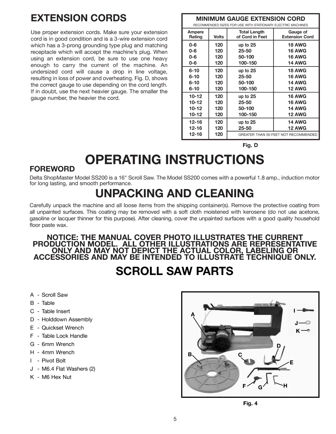 Delta SS200 instruction manual Unpacking and Cleaning, Scroll SAW Parts, Extension Cords 