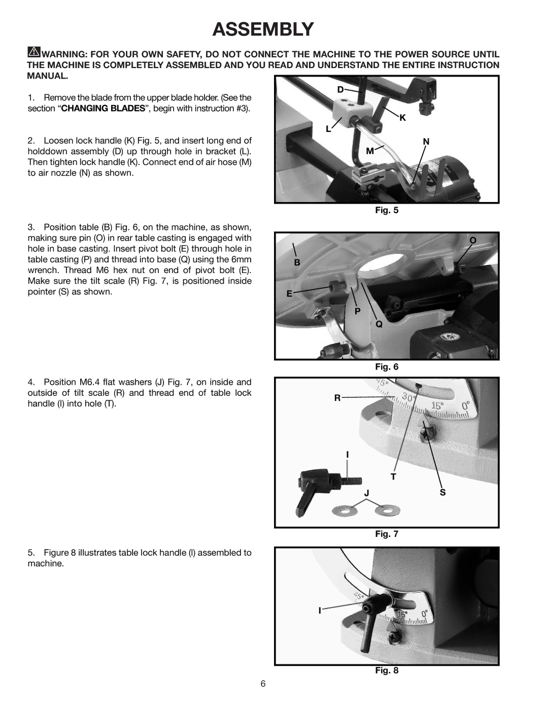 Delta SS200 instruction manual Assembly, Illustrates table lock handle I assembled to machine 