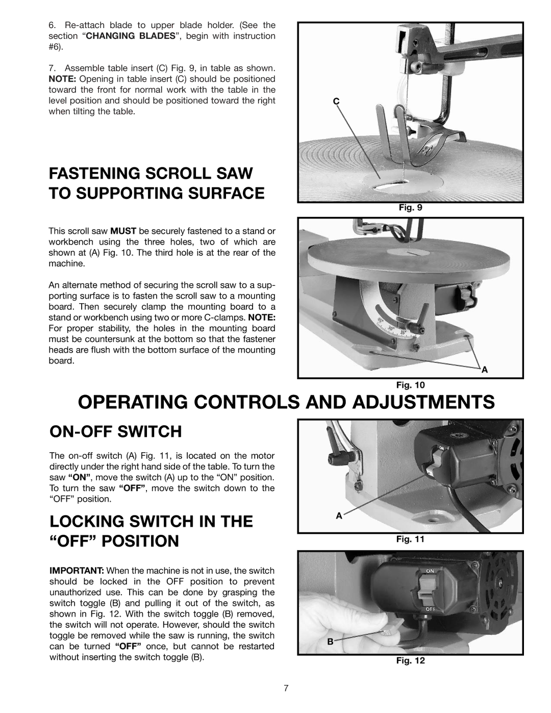 Delta SS200 Operating Controls and Adjustments, Fastening Scroll SAW to Supporting Surface, ON-OFF Switch 