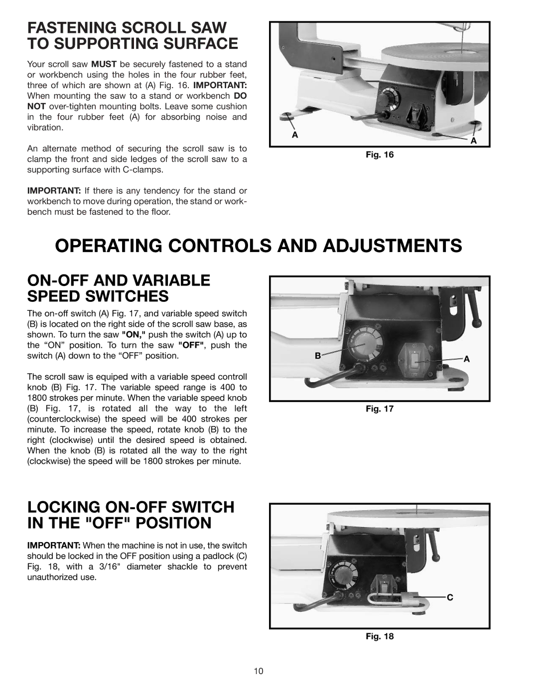 Delta SS250 instruction manual Fastening Scroll SAW to Supporting Surface, ON-OFF and Variable Speed Switches 