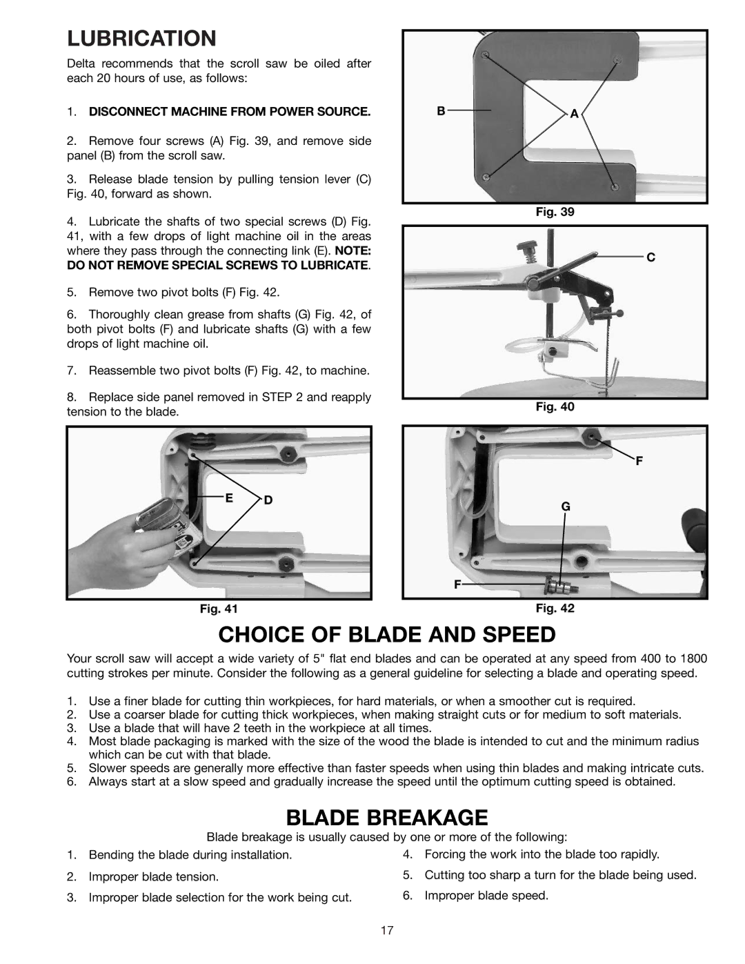 Delta SS250 instruction manual Lubrication, Choice of Blade and Speed, Blade Breakage 