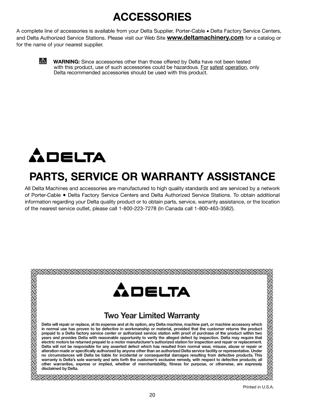 Delta SS250 instruction manual Accessories PARTS, Service or Warranty Assistance 