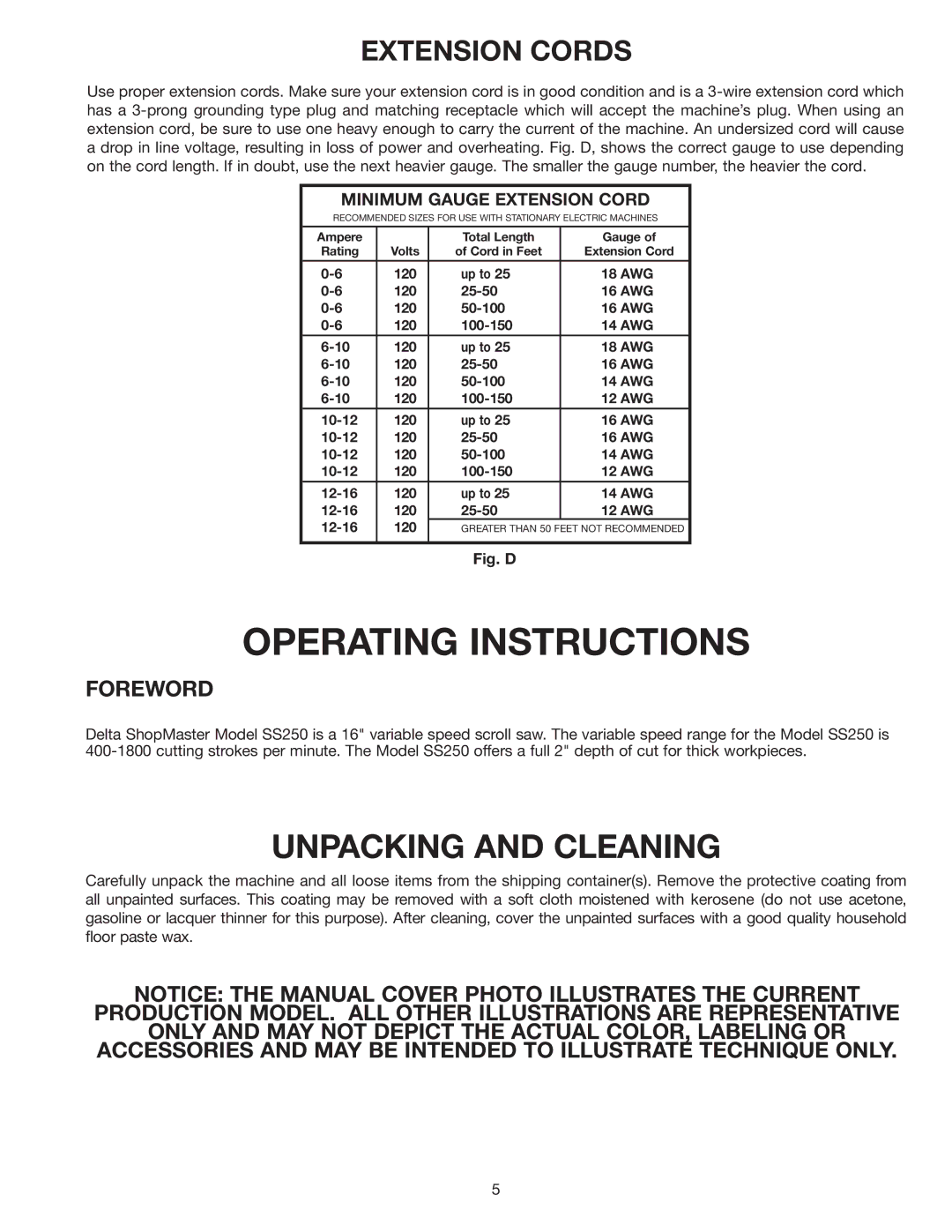 Delta SS250 instruction manual Unpacking and Cleaning, Extension Cords 