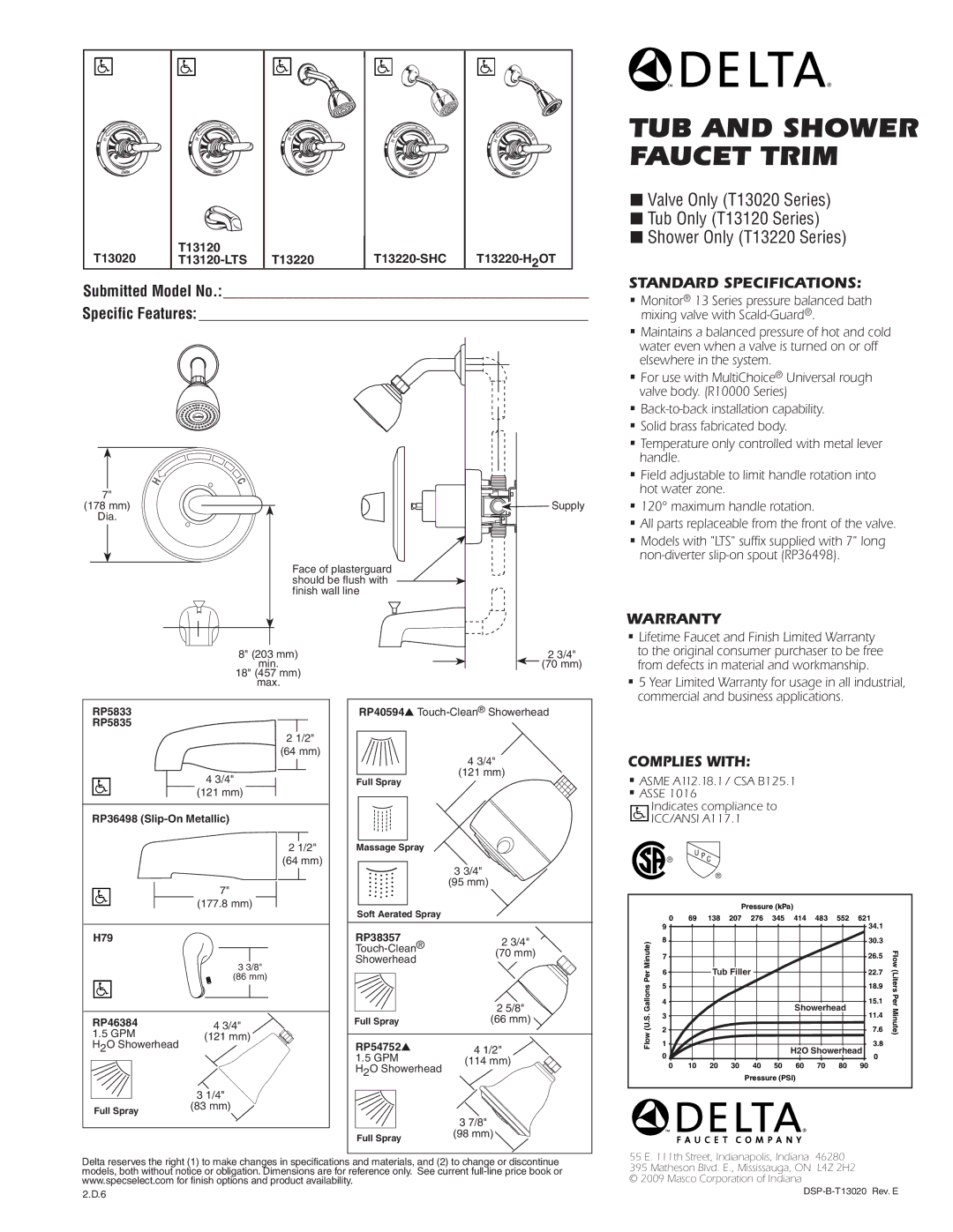 Delta T13120-LTS, T13220-H2OT, T13020, T13220-SHC warranty Standard SPECIFICATIONS­, Complies with 