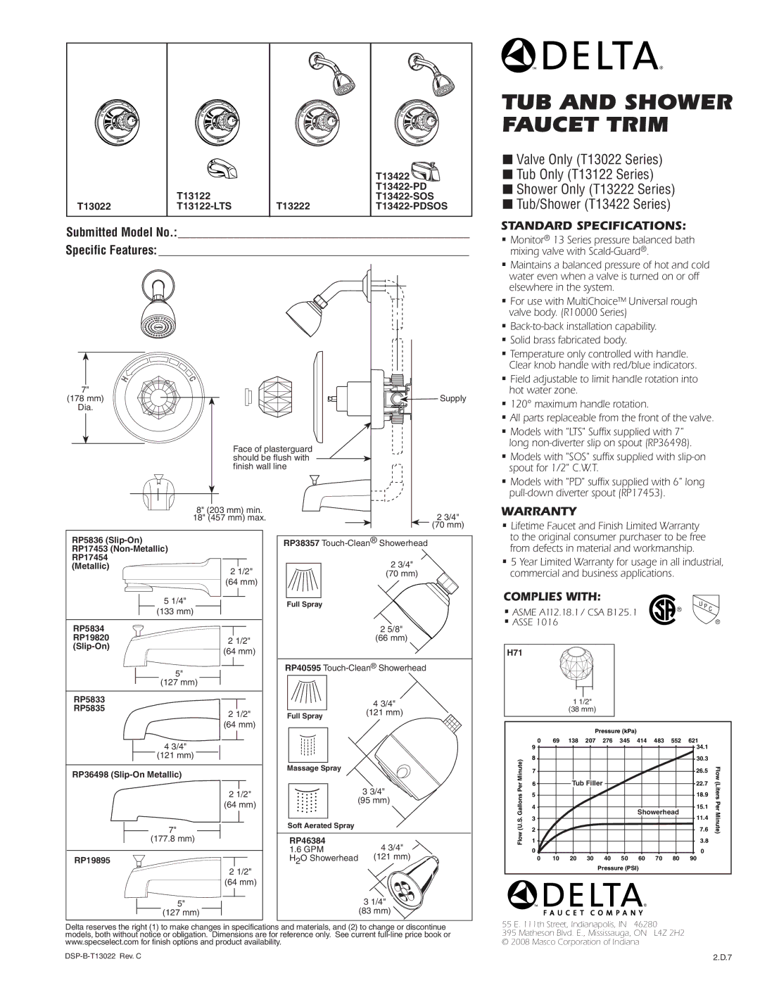 Delta T13222, T13122-LTS, T13022, T13422-PDSOS, T13422-SOS warranty Standard SPECIFICATIONS­, Complies with 