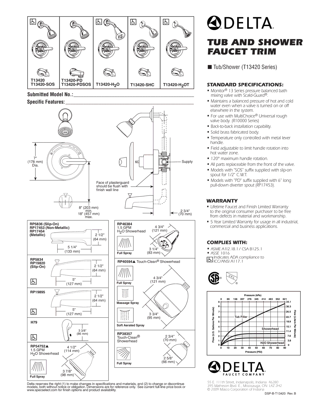 Delta T13420-SOS, T13420-H2OT, T13420-SHC, T13420-PDSOS warranty Standard SPECIFICATIONS­, Complies with 