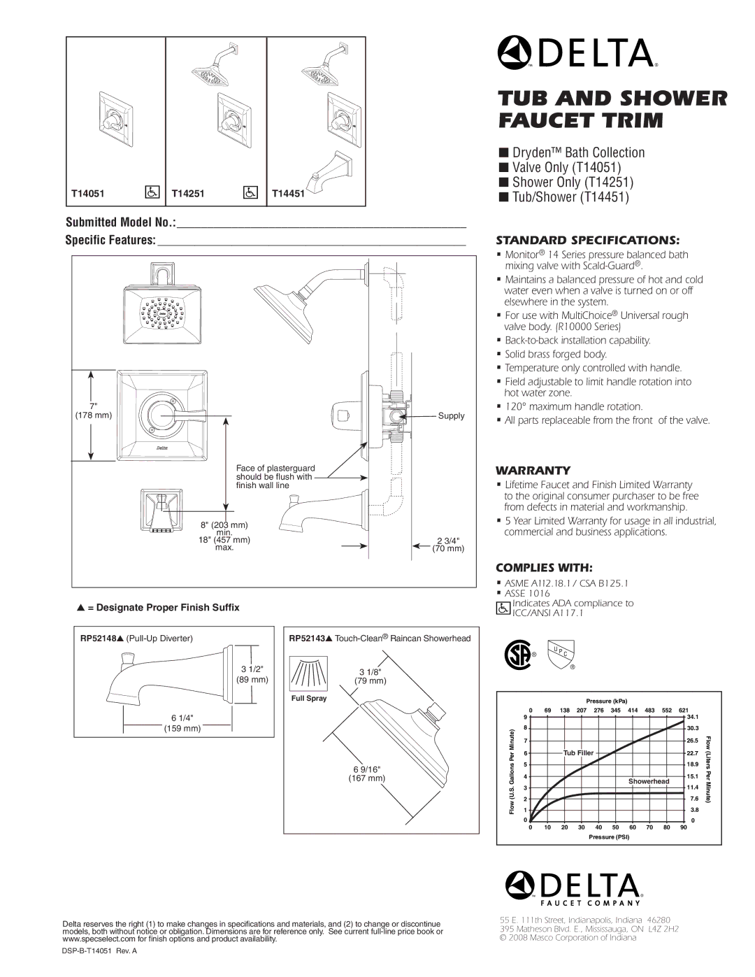 Delta T14451, T14251, T14051 warranty Tub and Shower Faucet Trim, Standard SPECIFICATIONS­, Warranty, Complies with 