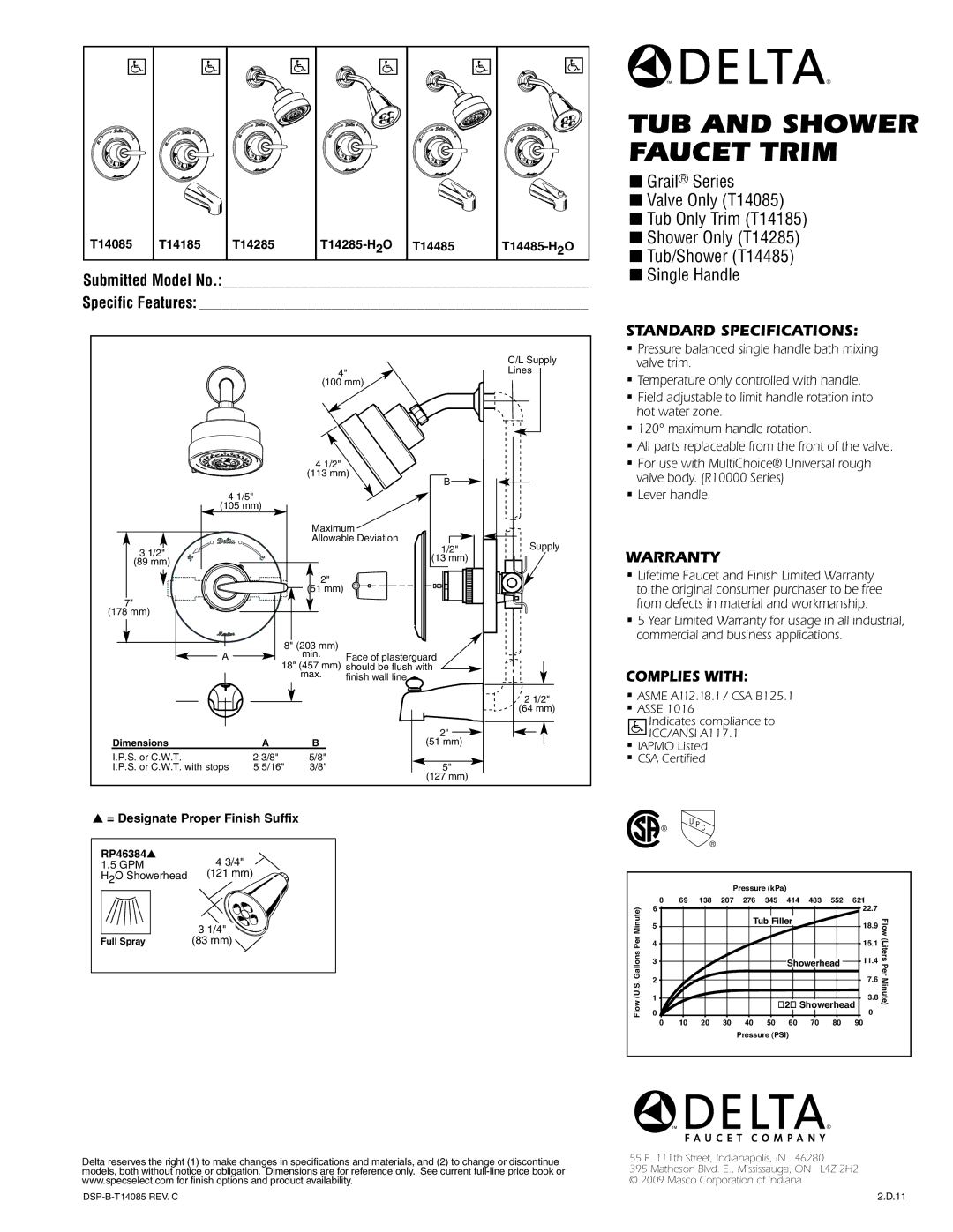 Delta T14485-H2O, T14285-H2O warranty Standard SPECIFICATIONS­, Complies with 