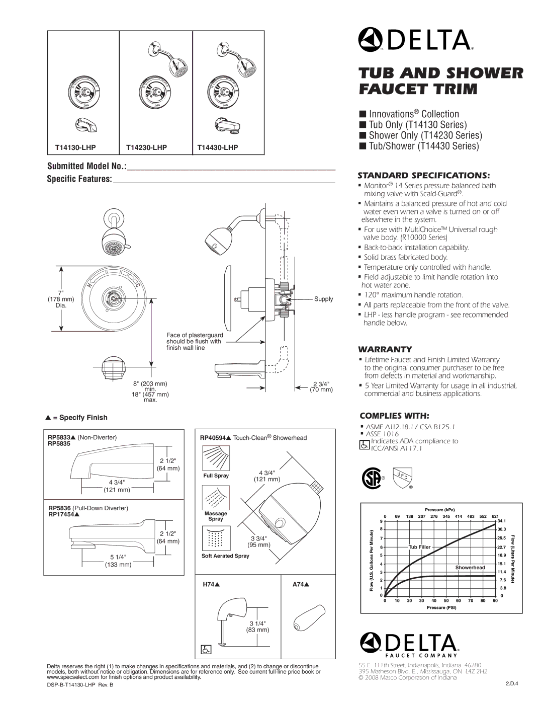 Delta T14230-LHP, T14430-LHP, T14130-LHP warranty Standard SPECIFICATIONS­, Complies with 