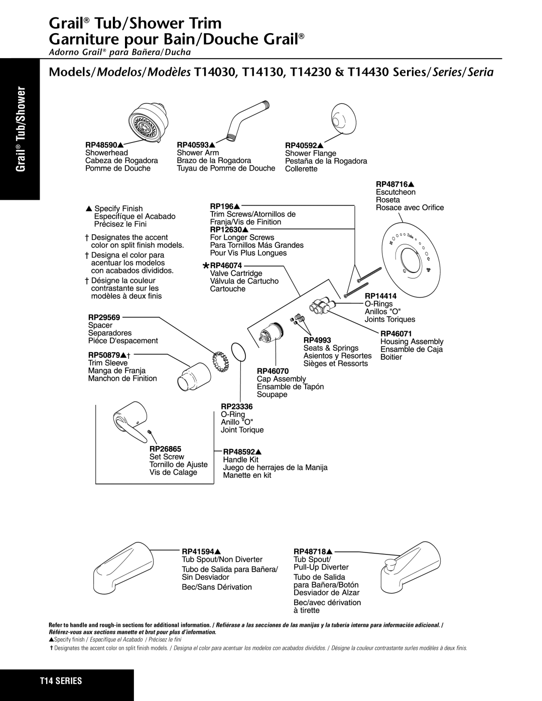 Delta T14230 Series, T14430 Series, T14030 Series manual Grail Tub/Shower Trim Garniture pour Bain/Douche Grail 