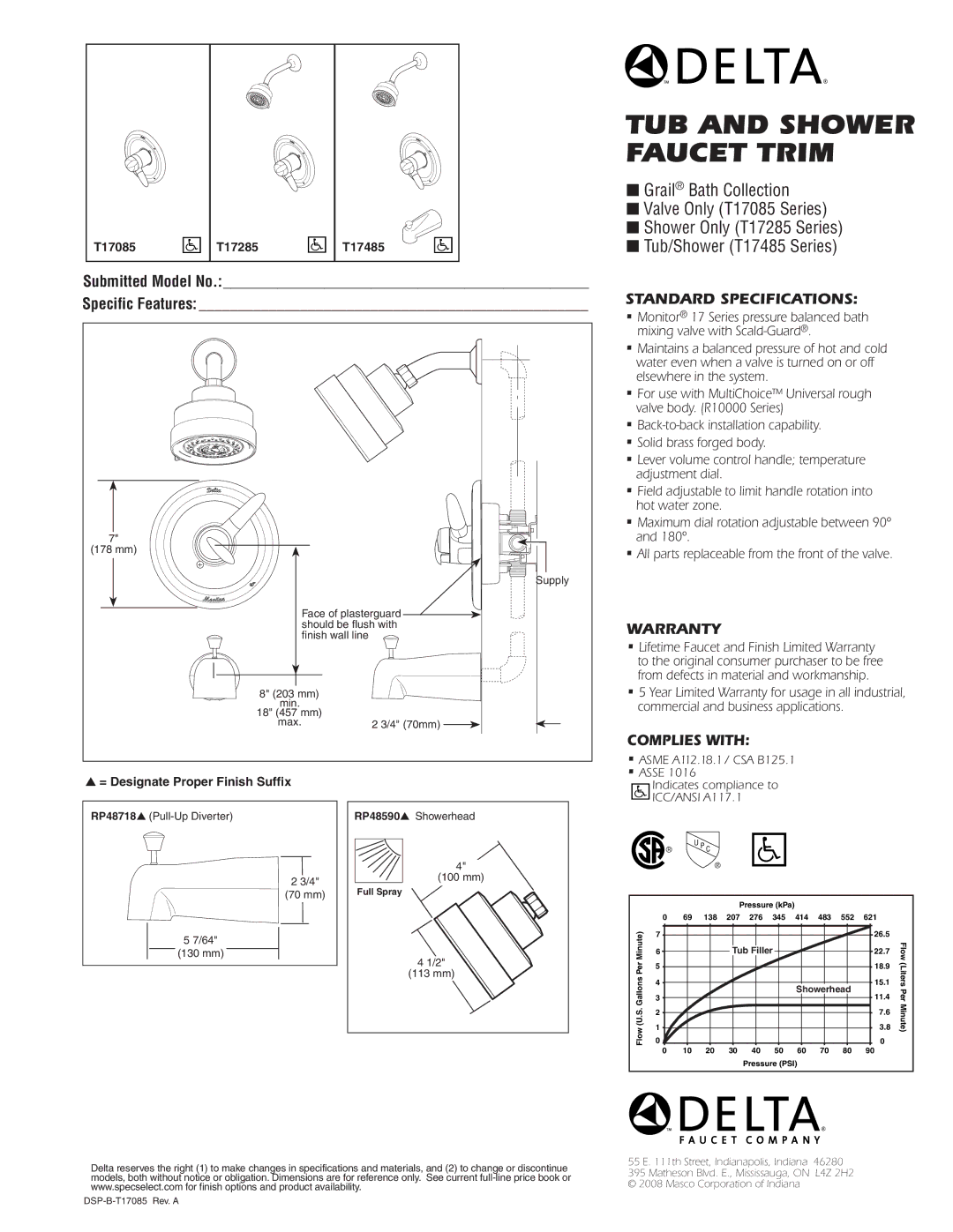 Delta T17285, T17085, T17485 warranty Tub and Shower Faucet Trim, Standard SPECIFICATIONS­, Warranty, Complies with 