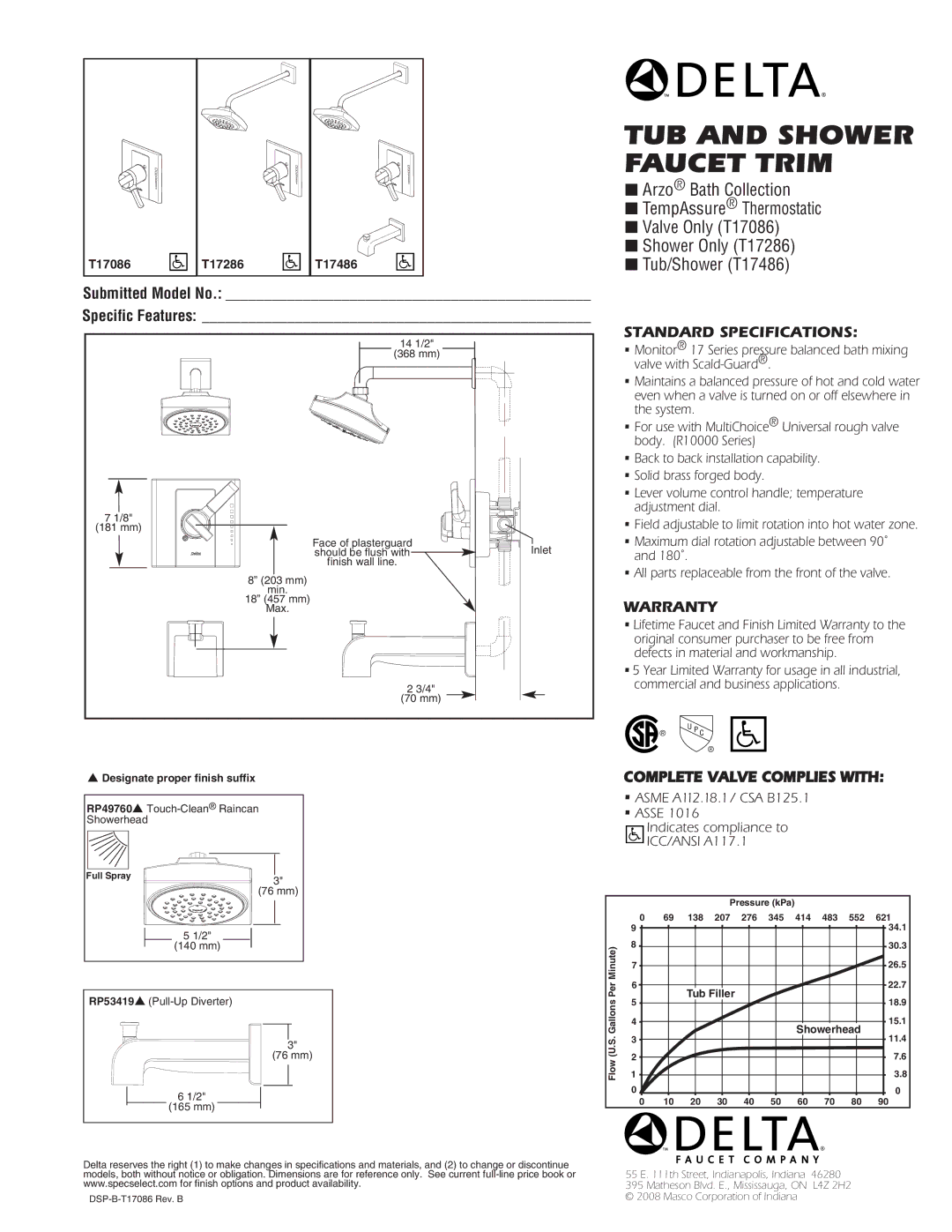 Delta T17286 specifications TUB and Shower Faucet Trim, Submitted Model No Specific Features, Standard Specifications 