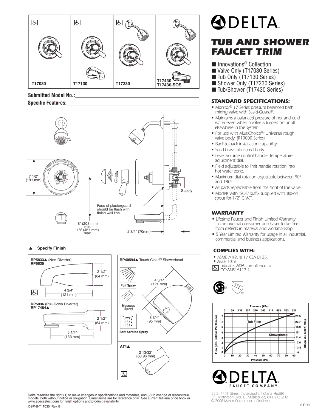 Delta T17030, T17130, T17430-SOS warranty Tub and Shower Faucet Trim, Standard SPECIFICATIONS­, Warranty, Complies with 