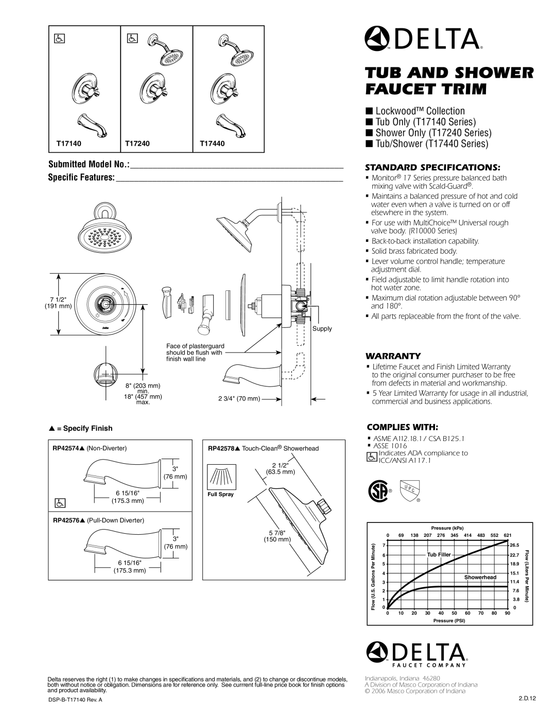 Delta T17240 warranty TUB and Shower Faucet Trim, Submitted Model No Specific Features, Standard Specifications, Warranty 