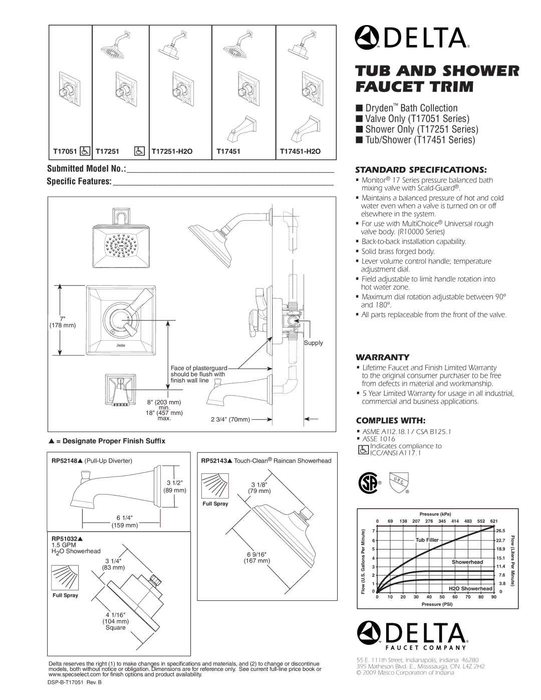 Delta T17051 warranty Standard SPECIFICATIONS­, Complies with, 159 mm, GPM H2O Showerhead 167 mm 83 mm, 16 104 mm Square 