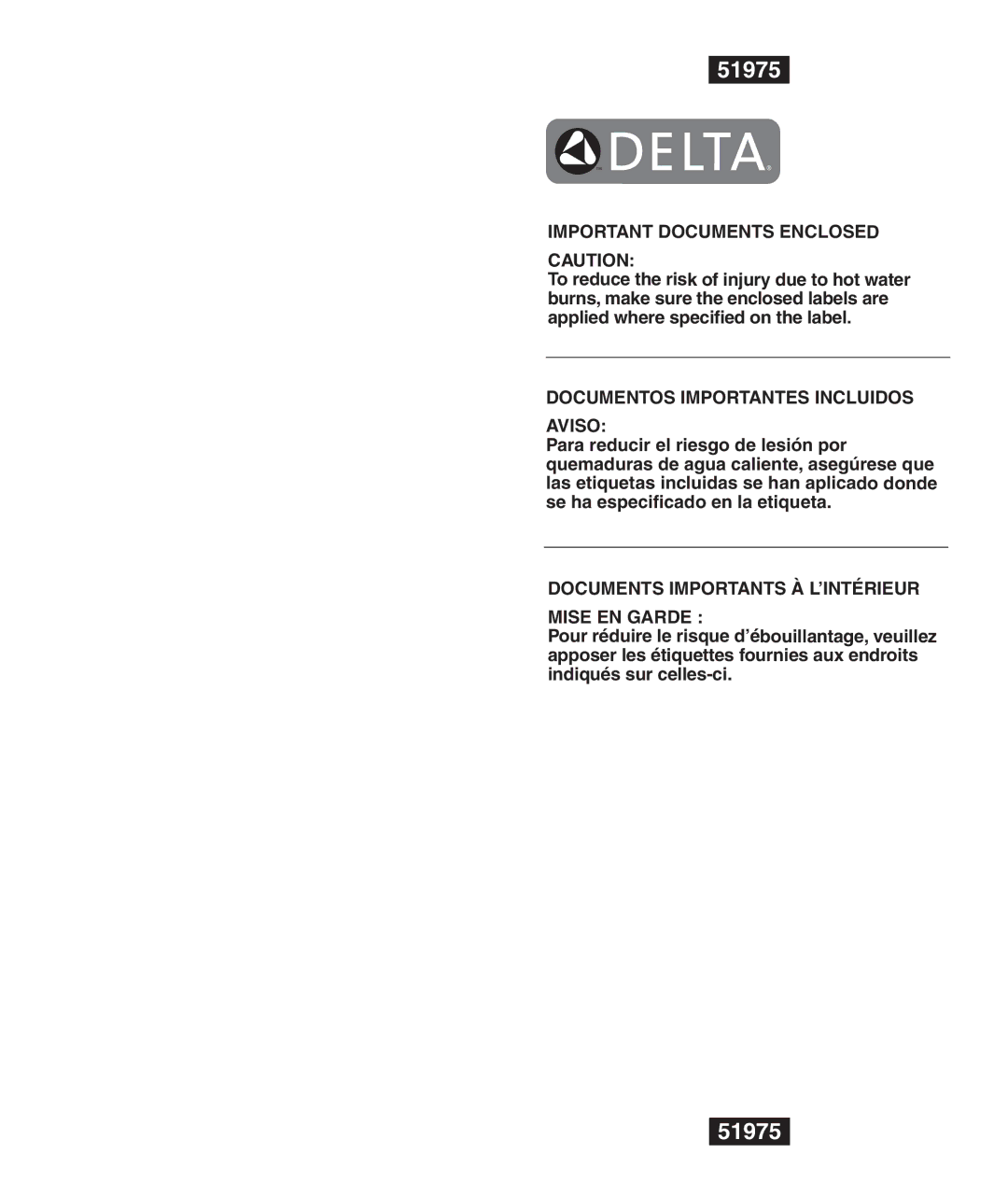 Delta T17T485, T17T085, T17T285, T17T282, T17T482, RP61611s manual 51975, Documents Importants À L’INTÉRIEUR 