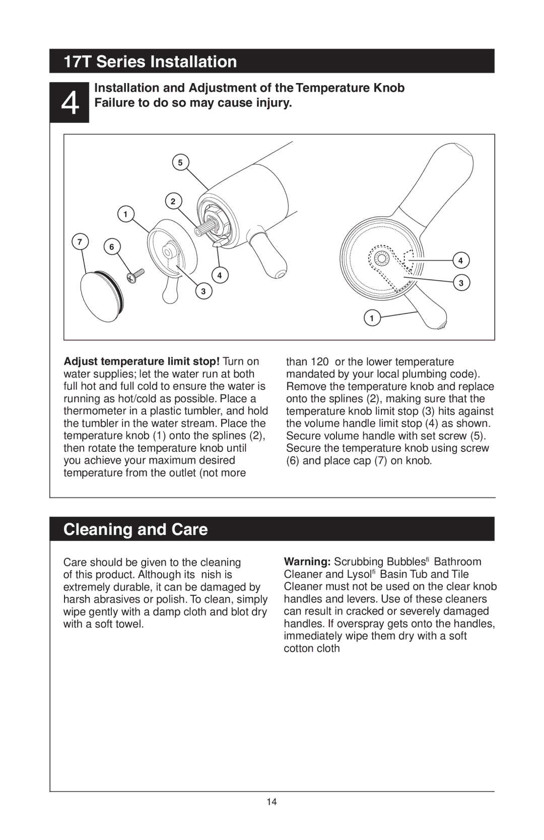 Delta T17T482 Cleaning and Care, Installation and Adjustment of the Temperature Knob, Failure to do so may cause injury 