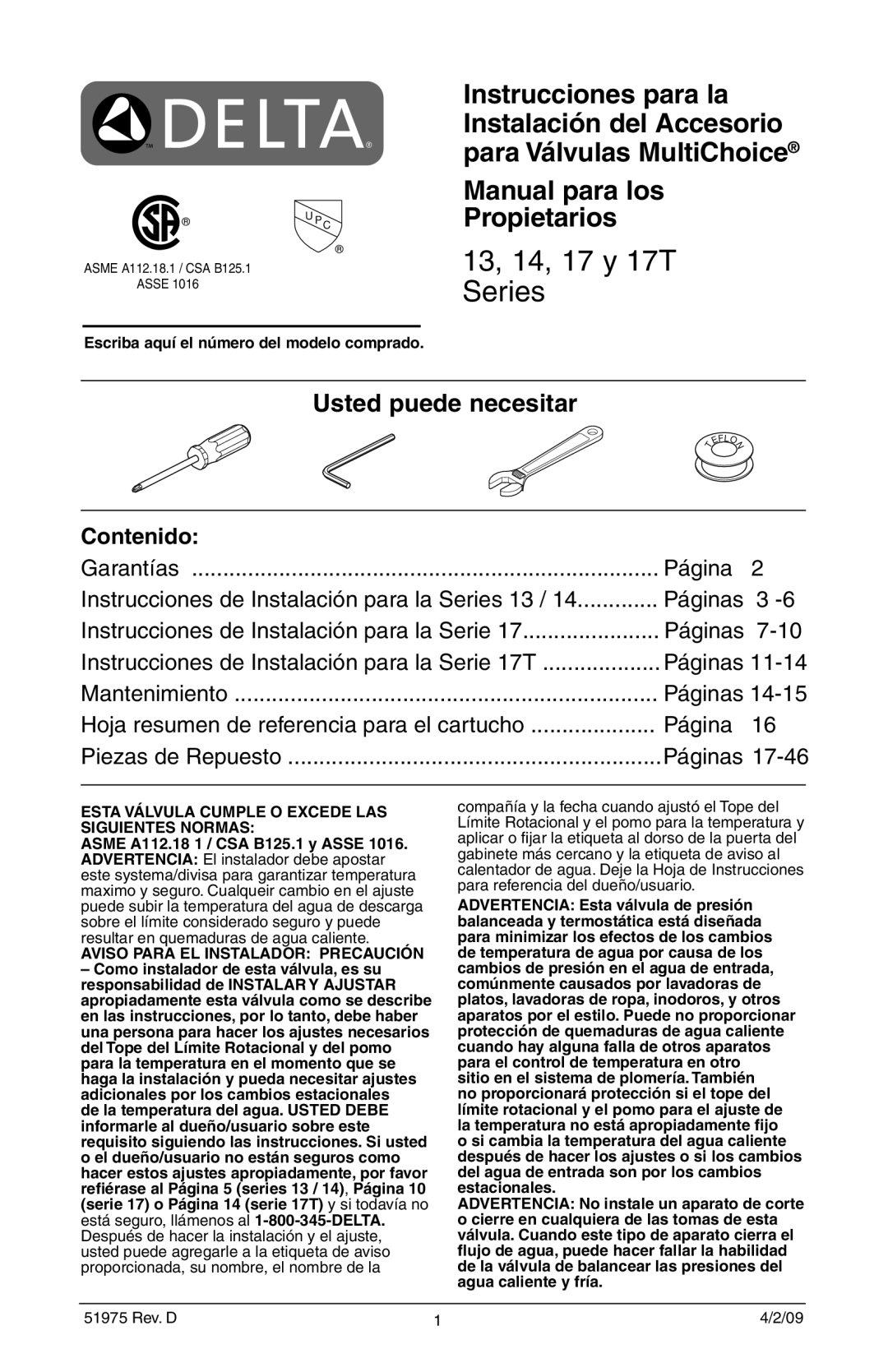 Delta T17T485 Escriba aquí el número del modelo comprado, Compañía y la fecha cuando ajustó el Tope del, Estacionales 