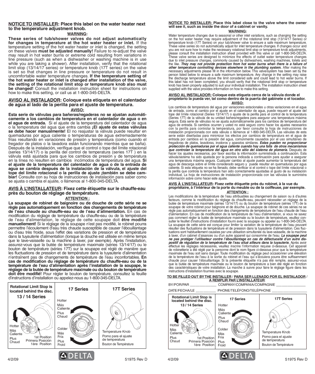 Delta T17T285, T17T085, T17T485, T17T282, T17T482, RP61611s manual Series 17T Series 