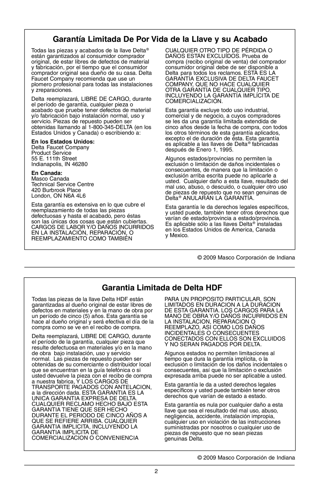 Delta T17T285, T17T085, T17T485, T17T282, T17T482, RP61611s manual Garantía Limitada De Por Vida de la Llave y su Acabado 