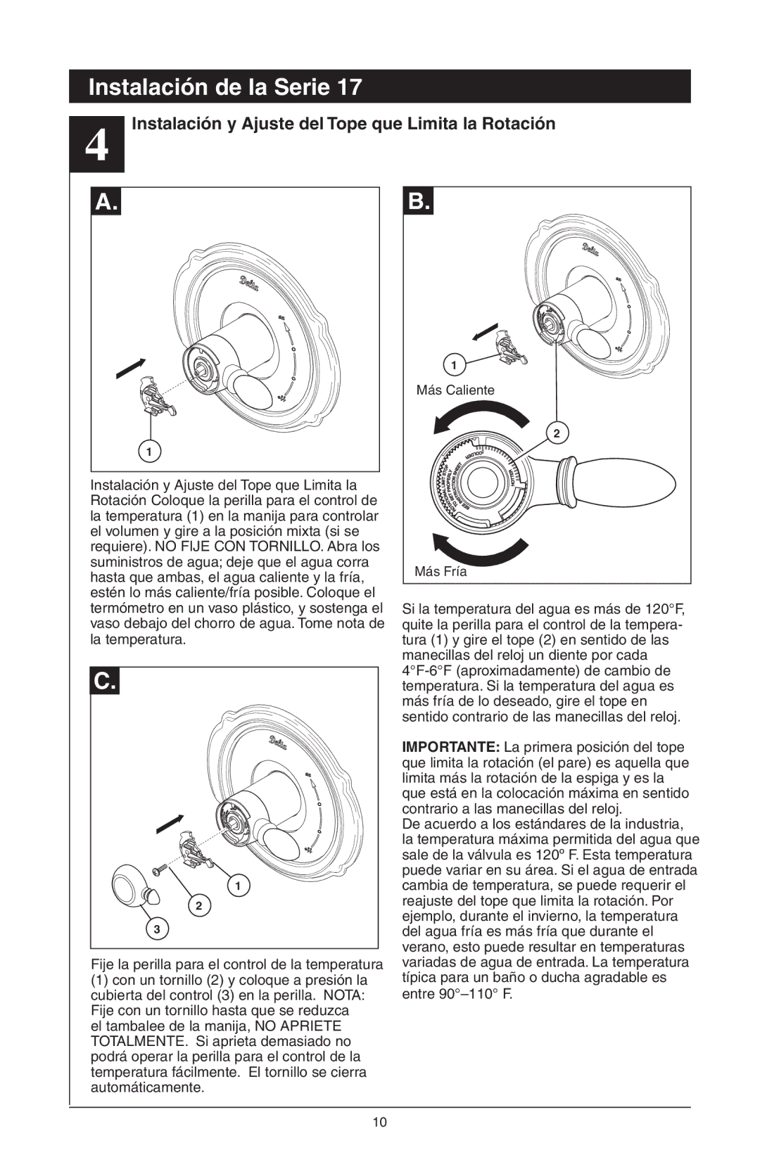 Delta T17T482, T17T085, T17T485, T17T285, T17T282, RP61611s manual Instalación y Ajuste del Tope que Limita la Rotación 