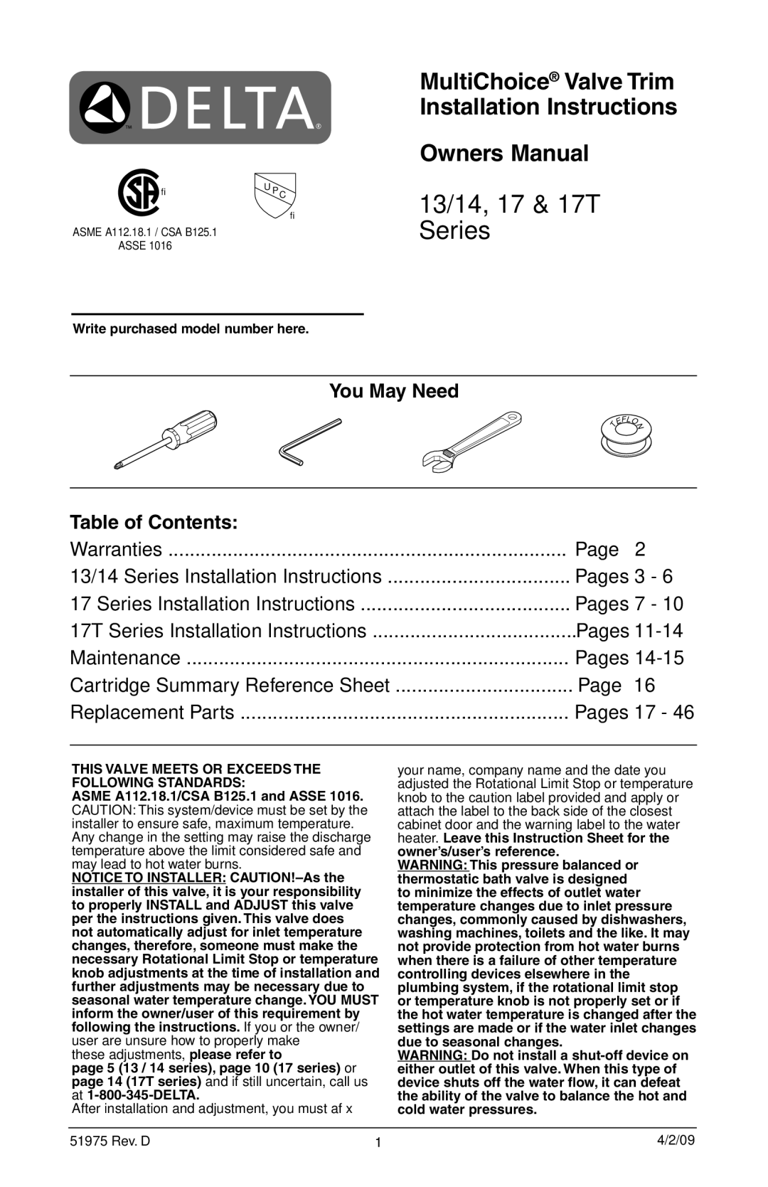 Delta T17T282, T17T085, T17T485, T17T285, T17T482, RP61611s manual 13/14, 17 & 17T Series 