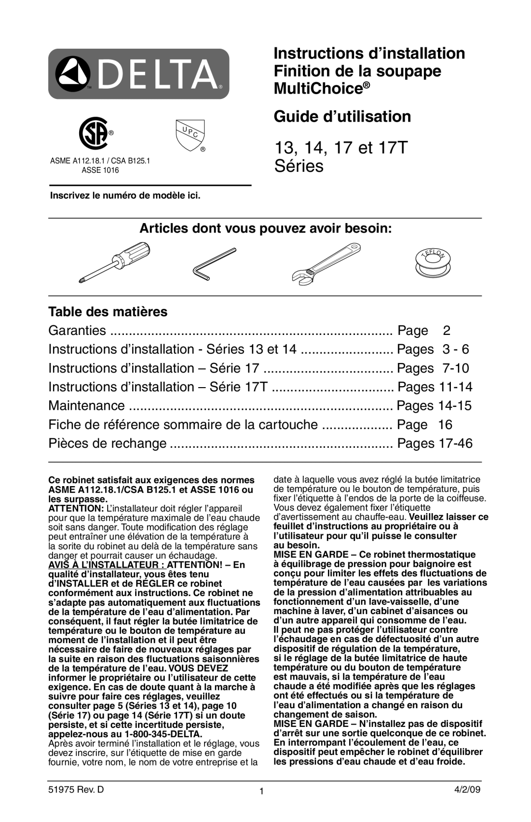 Delta RP61611s, T17T085, T17T485 manual Inscrivez le numéro de modèle ici, Au besoin Mise EN Garde Ce robinet thermostatique 