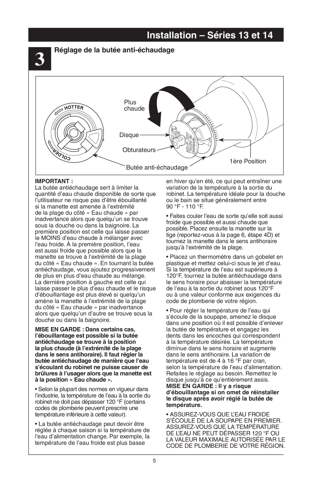 Delta T17T282, T17T085, T17T485, T17T285, T17T482, RP61611s manual Réglage de la butée anti-échaudage, Butée anti-échaudage 