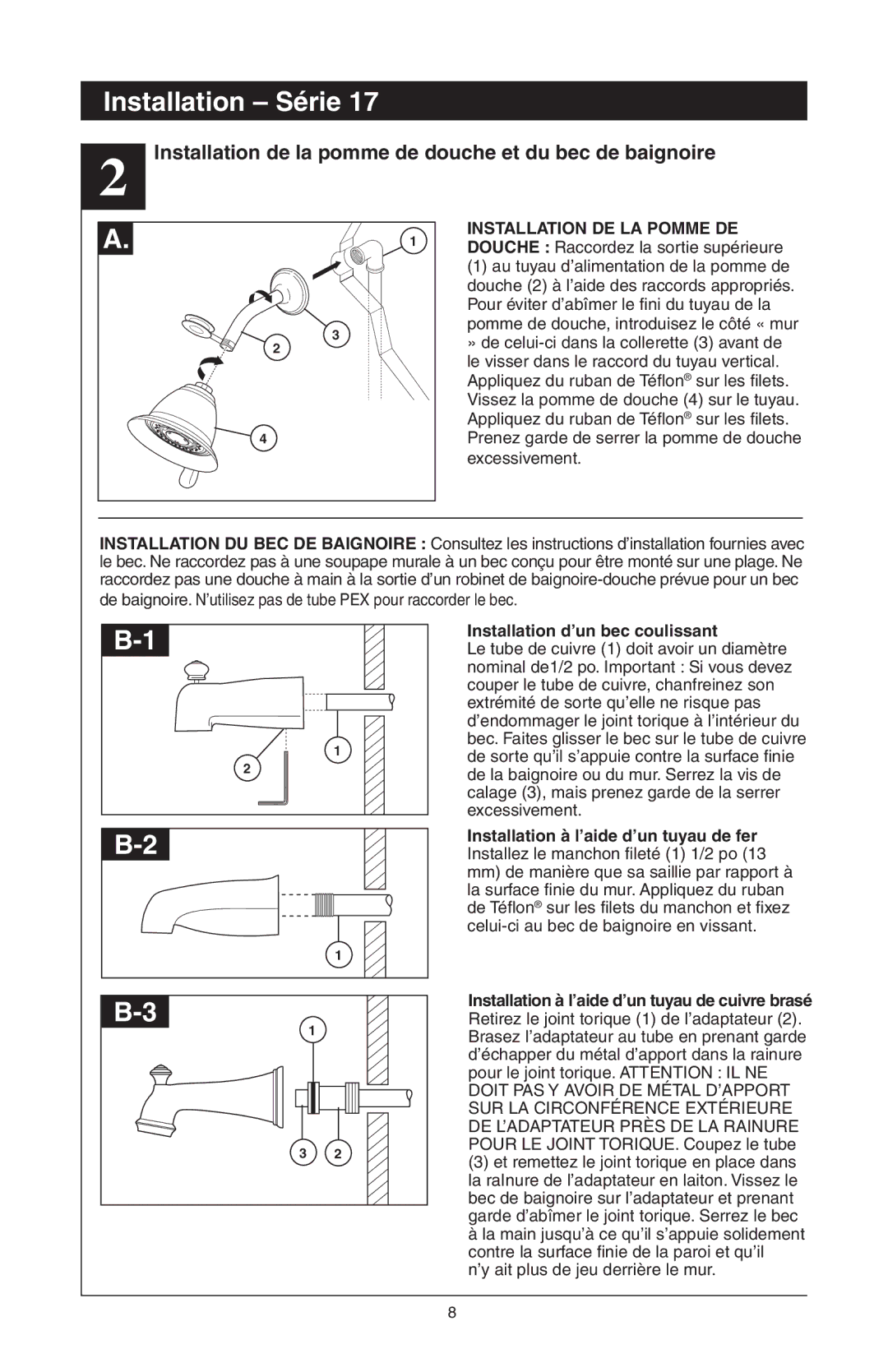 Delta T17T085, T17T485, T17T285, T17T282, T17T482, RP61611s manual Installation de la pomme de douche et du bec de baignoire 