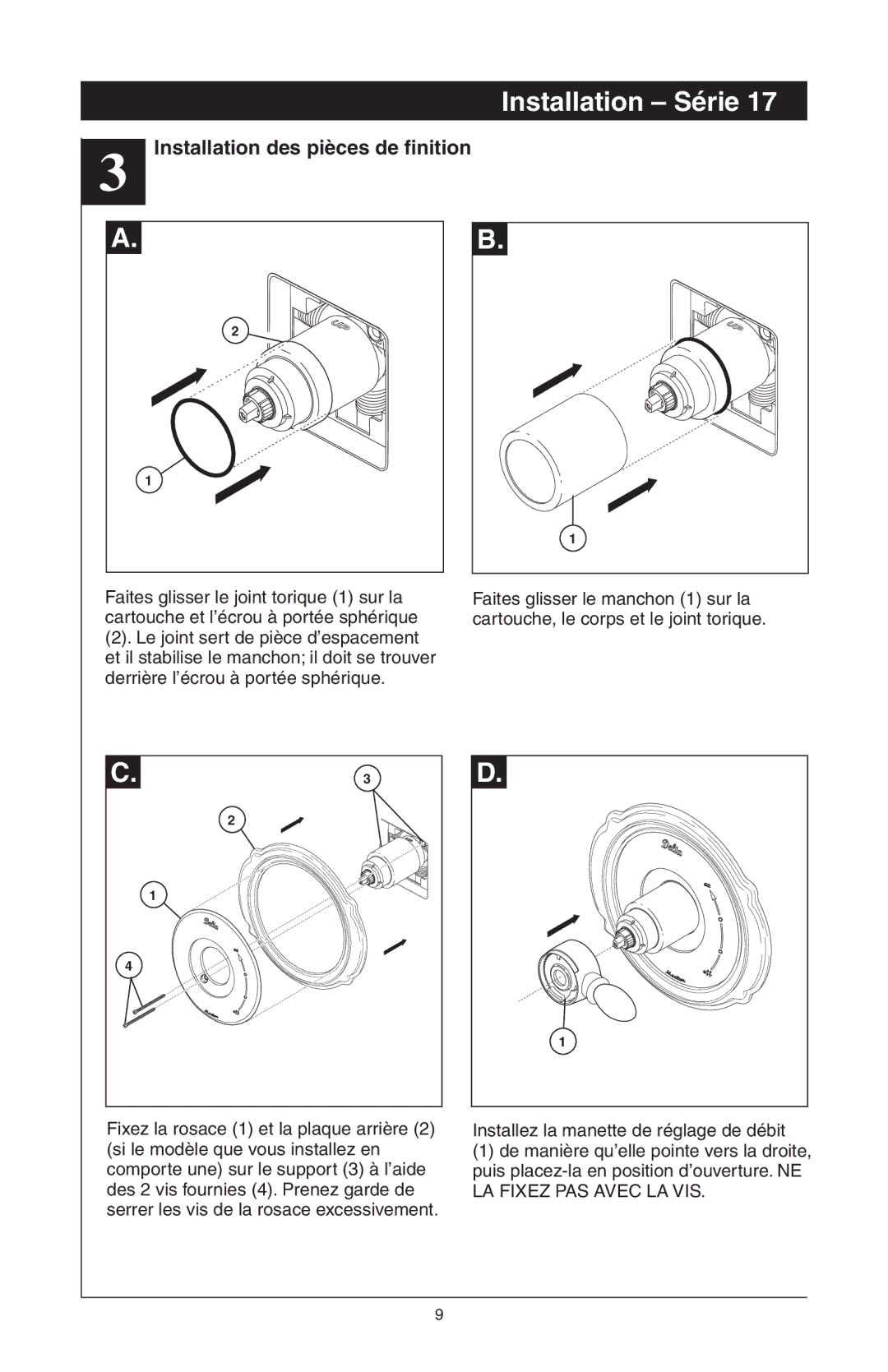 Delta T17T485, T17T085, T17T285, T17T282, T17T482, RP61611s manual Installation des pièces de finition 