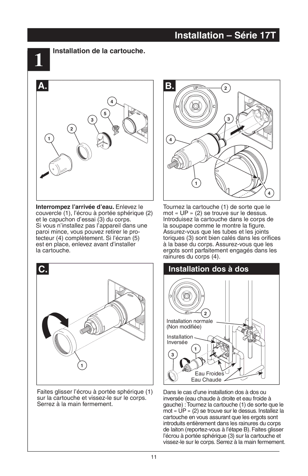 Delta T17T282, T17T085, T17T485, T17T285, T17T482, RP61611s manual Installation Série 17T, Installation de la cartouche 