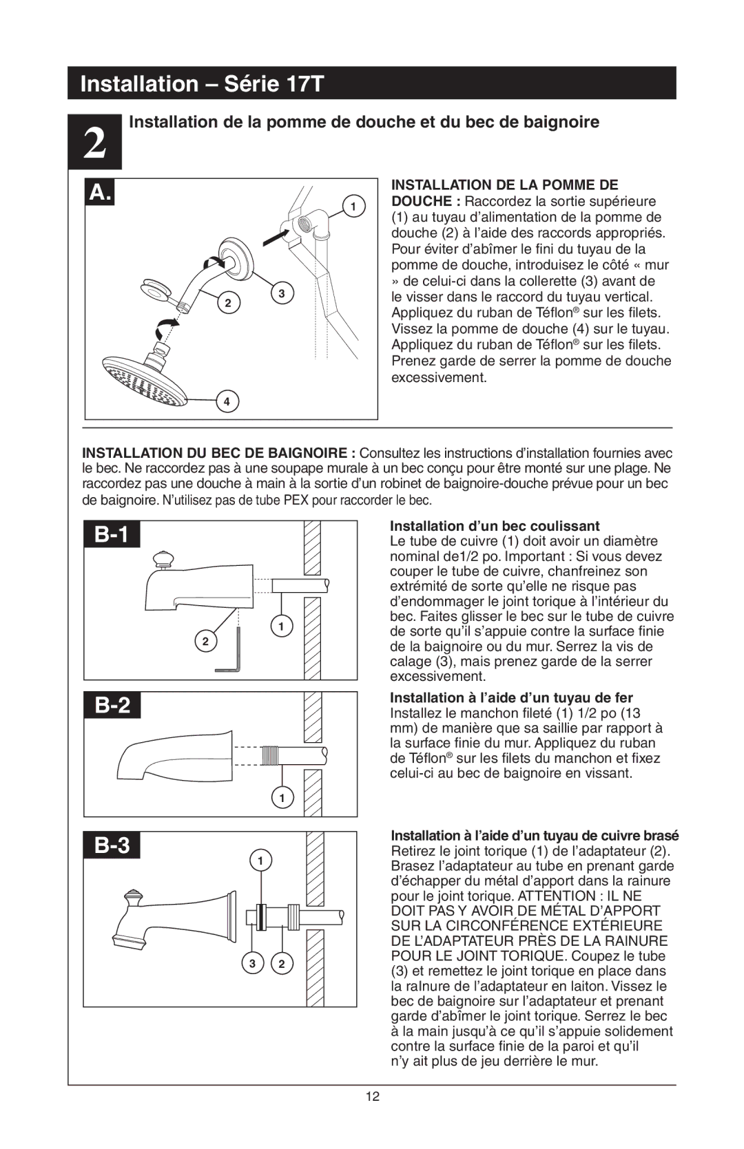 Delta T17T482, T17T085, T17T485, T17T285, T17T282, RP61611s manual Installation de la pomme de douche et du bec de baignoire 