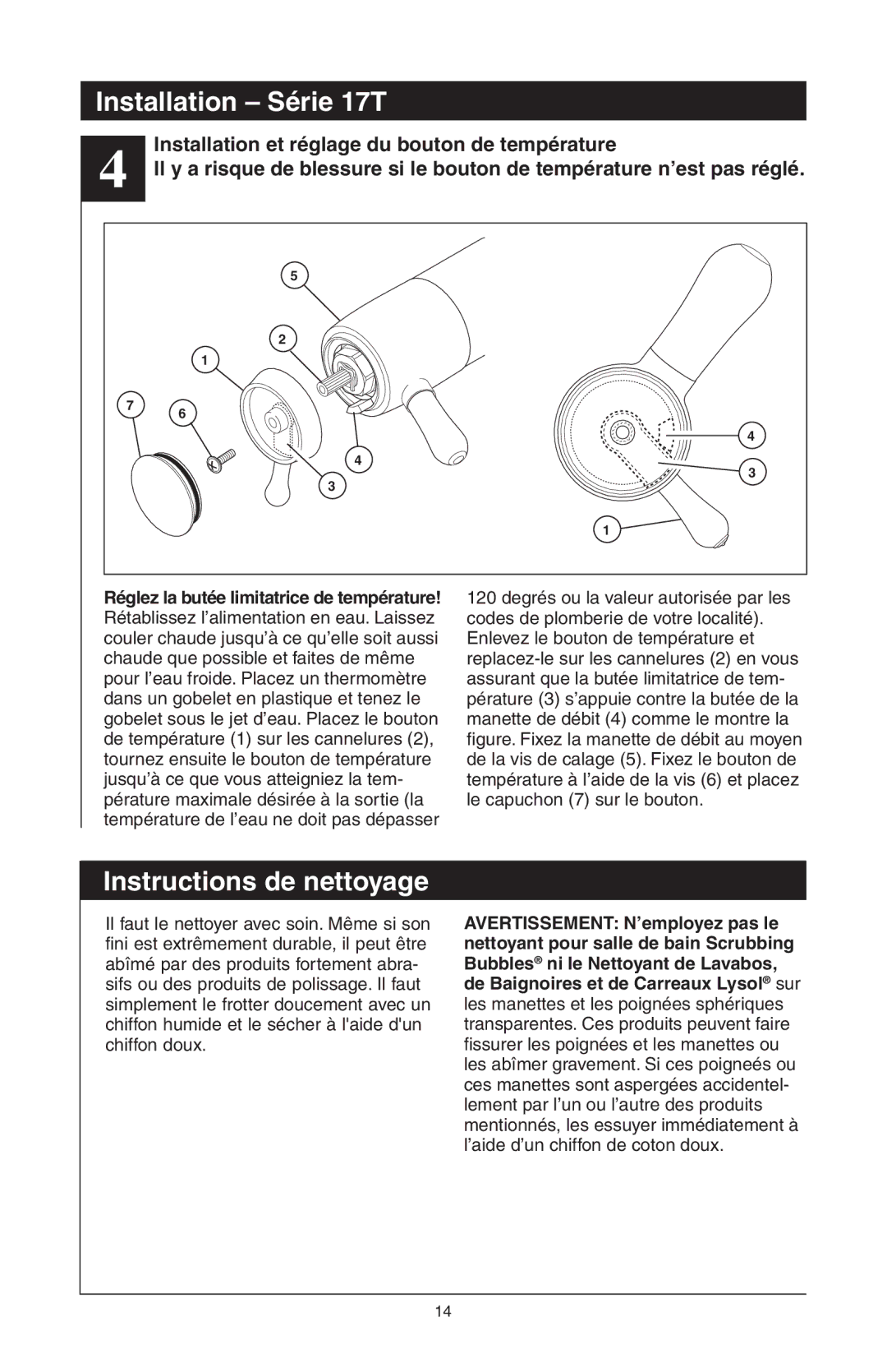 Delta T17T085, T17T485, T17T285, T17T282, T17T482 Instructions de nettoyage, Installation et réglage du bouton de température 