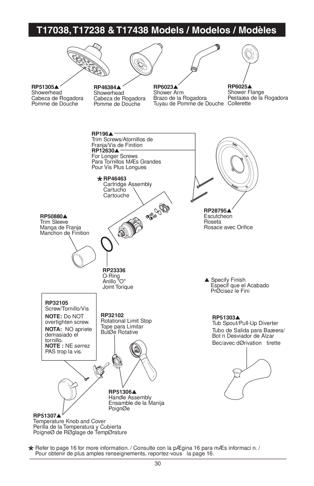 Delta T17T482, T17T085, T17T485, T17T285, T17T282, RP61611s manual T17038, T17238 & T17438 Models / Modelos / Modèles 