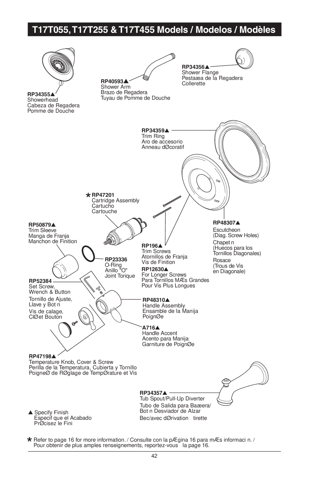 Delta T17T482 T17T055, T17T255 & T17T455 Models / Modelos / Modèles, RP40593 Shower Arm Brazo de Regadera, RP50879 RP48307 