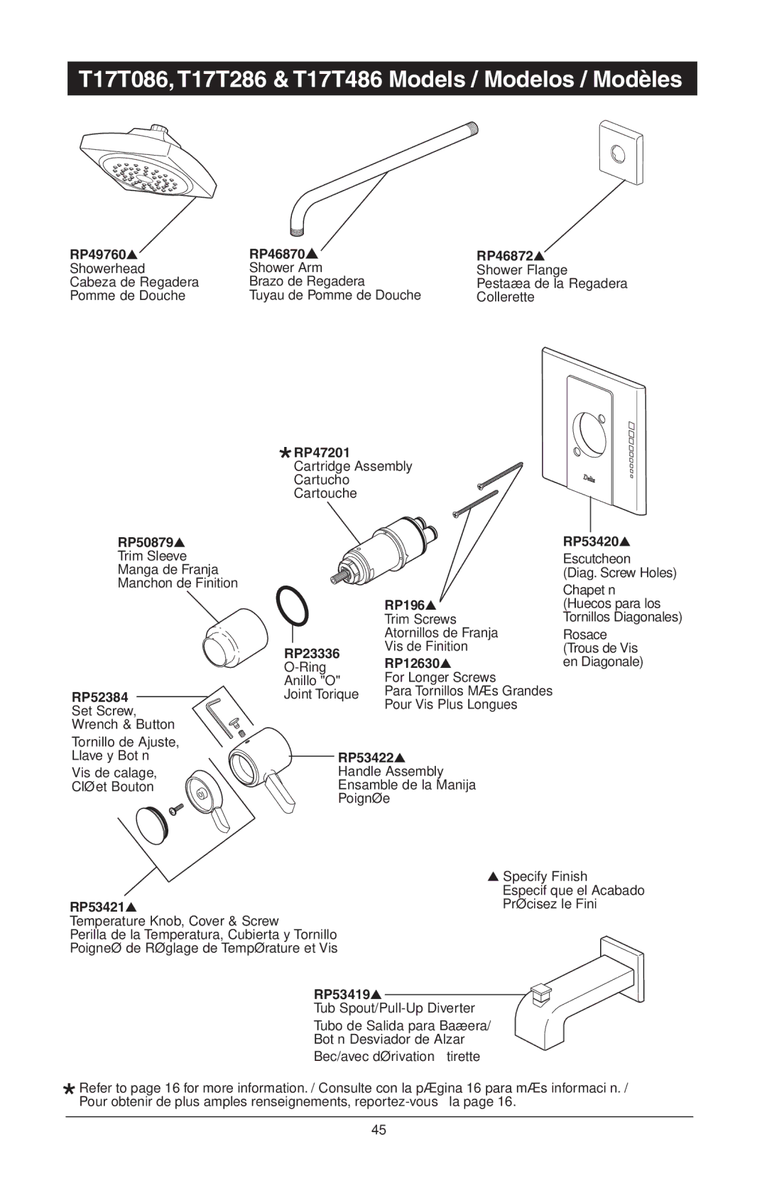 Delta T17T485 T17T086, T17T286 & T17T486 Models / Modelos / Modèles, RP49760 RP46870 RP46872, RP50879 RP53420, RP53422 