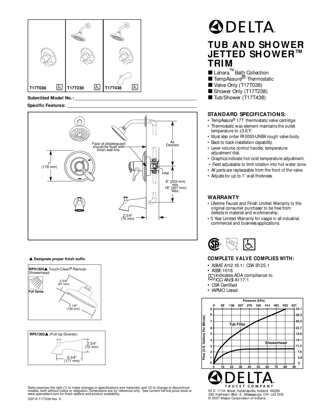 Delta T17T038 warranty TUB and Shower Jetted Shower Trim, Standard Specifications, Warranty, Complete Valve Complies with 